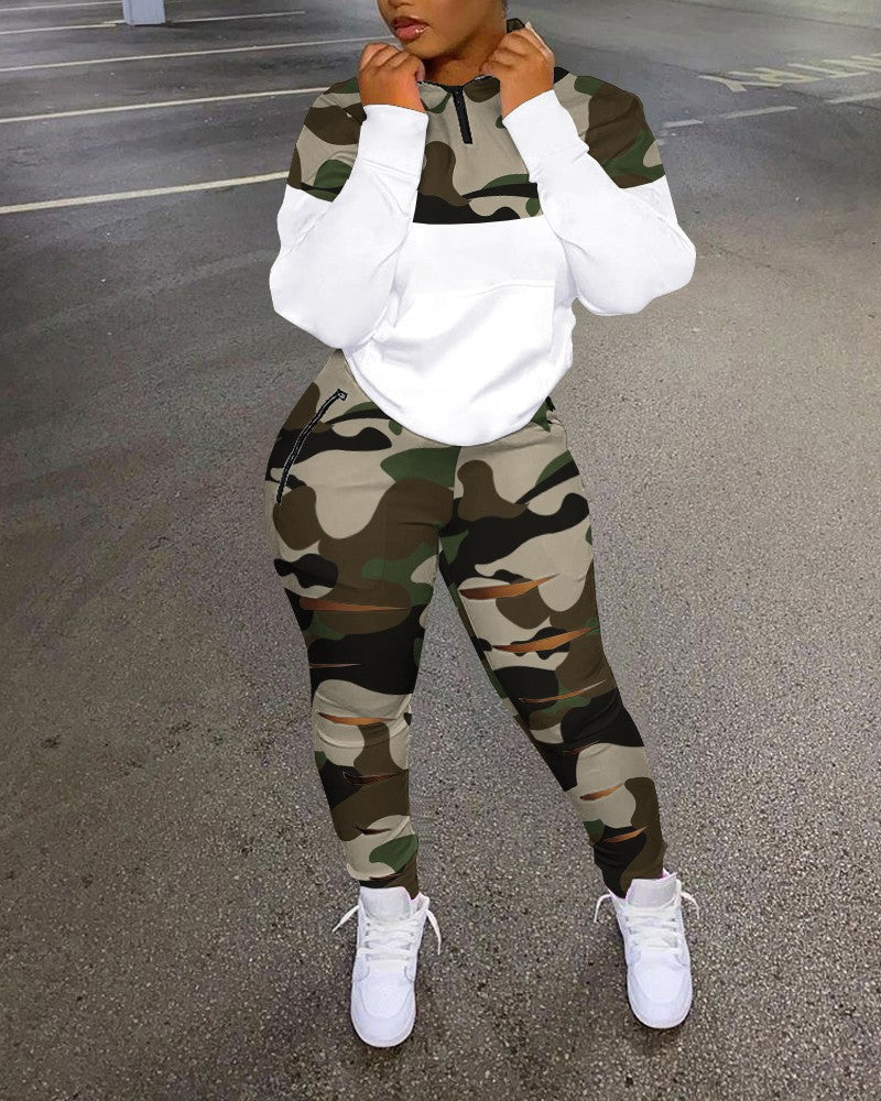 Camo Print Long Sleeve Top & Ladder Cutout Pants Set