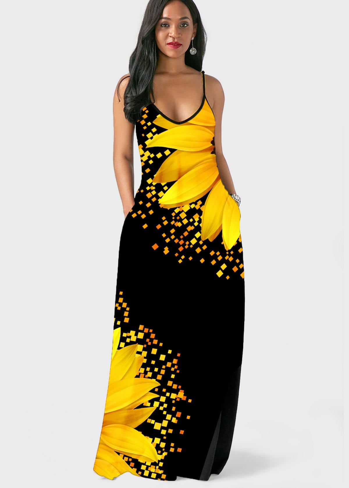 Spaghetti Strap Sunflower Print Side Pocket Maxi Dress