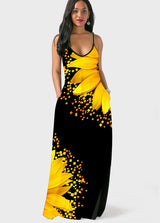 Spaghetti Strap Sunflower Print Side Pocket Maxi Dress