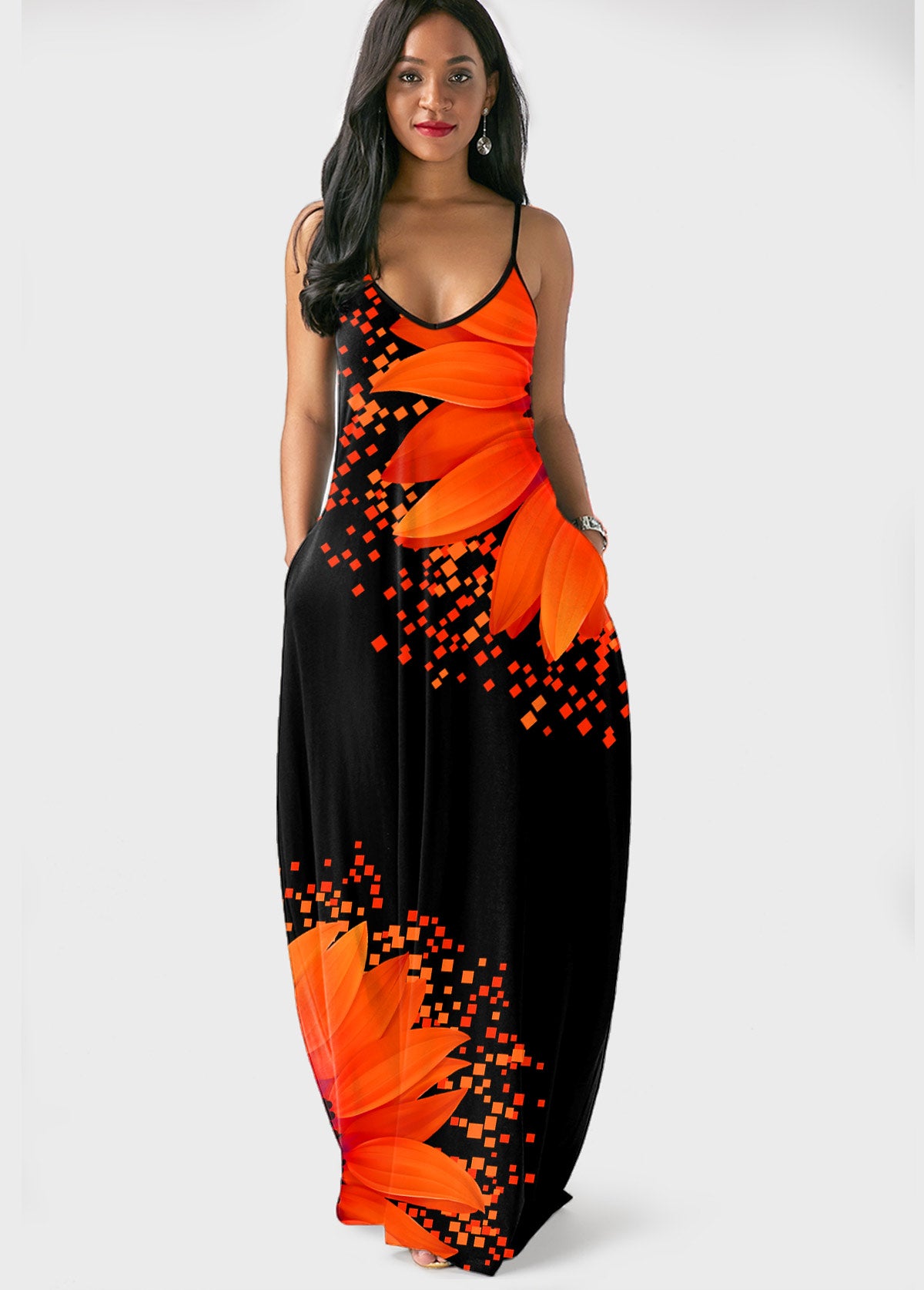 Spaghetti Strap Sunflower Print Side Pocket Maxi Dress