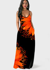 Spaghetti Strap Sunflower Print Side Pocket Maxi Dress