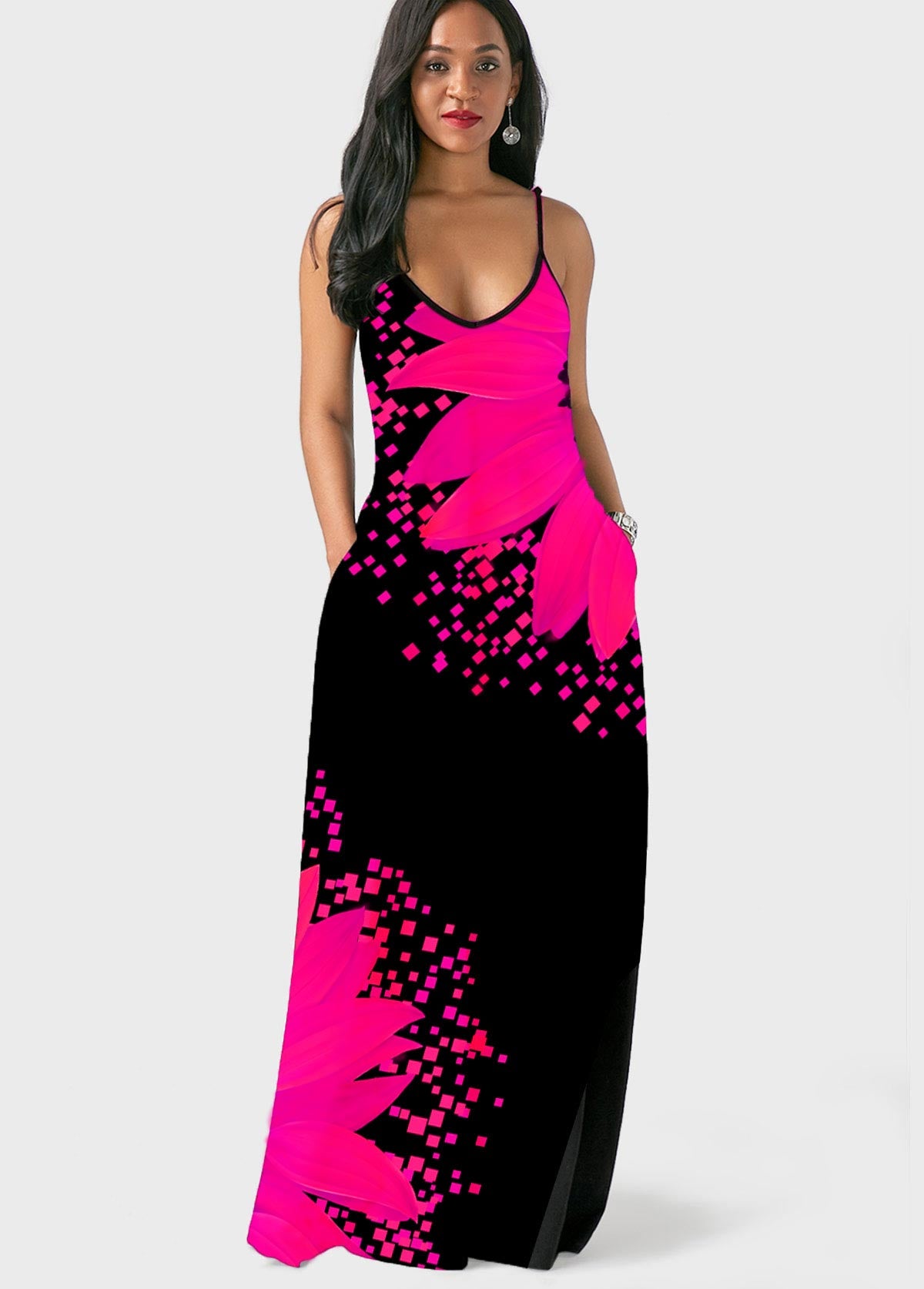 Spaghetti Strap Sunflower Print Side Pocket Maxi Dress