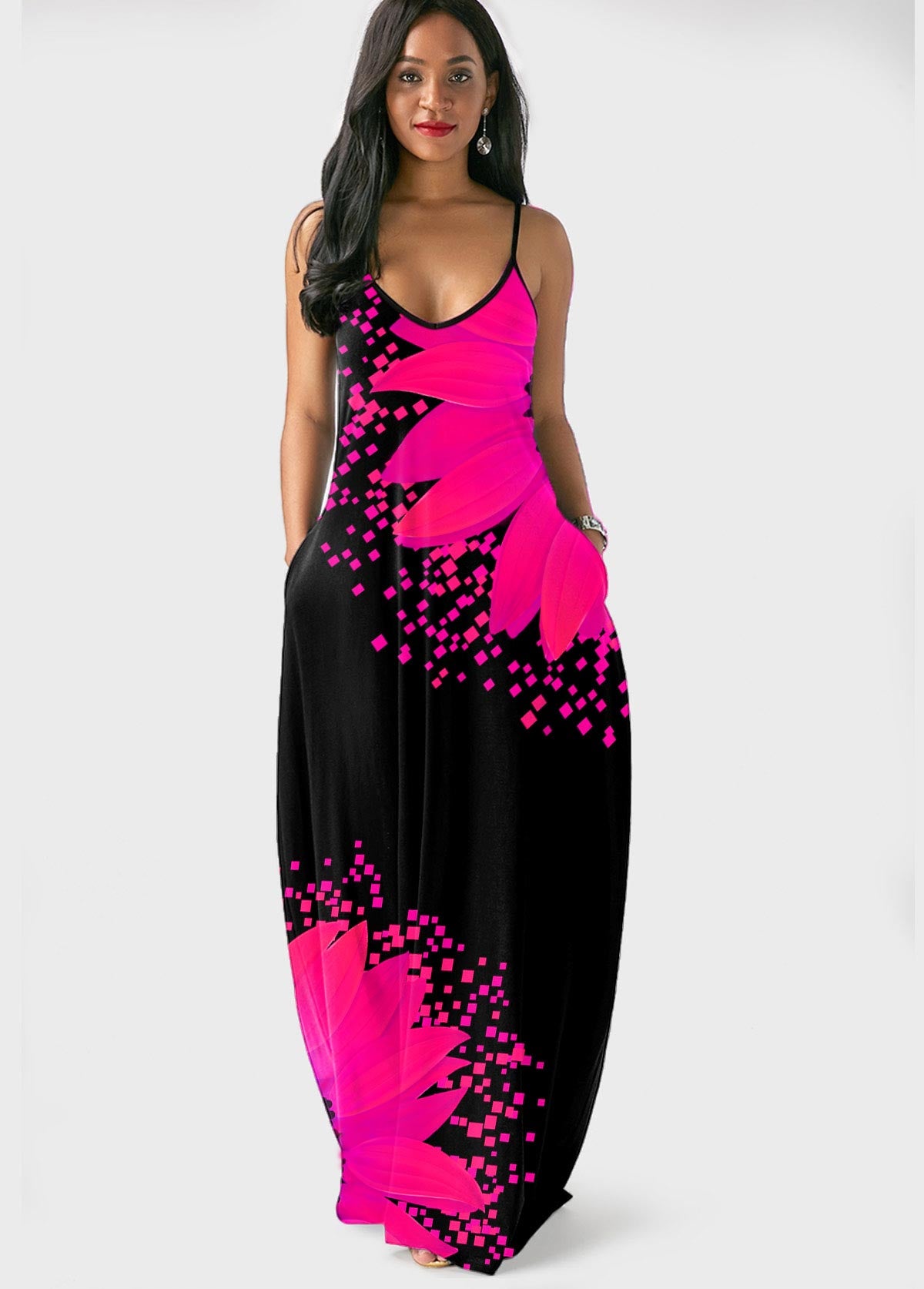 Spaghetti Strap Sunflower Print Side Pocket Maxi Dress