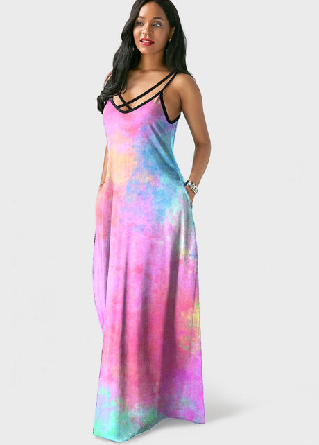 Side Pocket Tie Dye Spaghetti Strap Maxi Dress